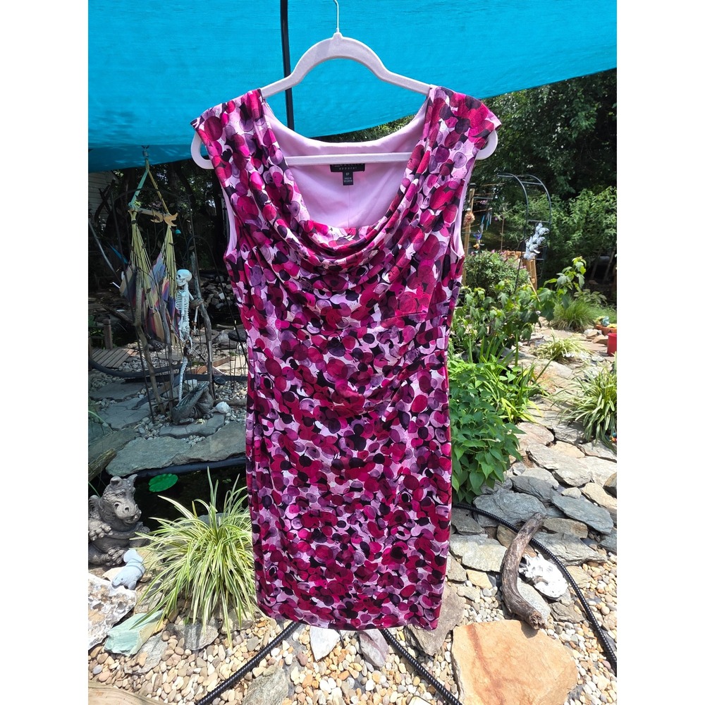Connected Apparel Pink Purple Abstract Dot Cowl Neck Sheath Dress 8P Petite